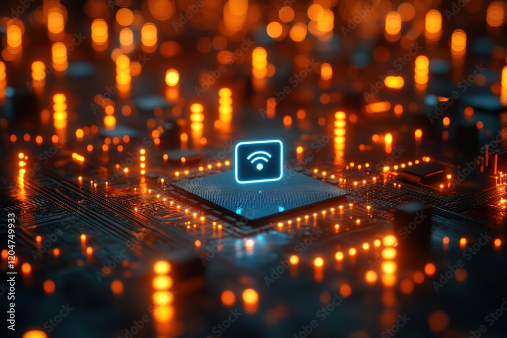 Poster wireless technology on a circuit board. glowing lights illuminate the intricate design, highlighting