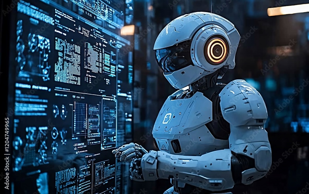 Poster Futuristic robot interacting with a holographic screen displaying complex data.