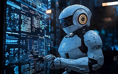 Futuristic robot interacting with a holographic screen displaying complex data.