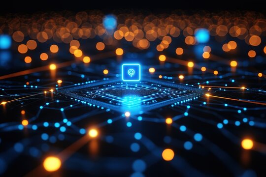 Digital network with glowing nodes and connections.  A central processing unit is highlighted, symbolizing data flow and connectivity. - Powered by Adobe