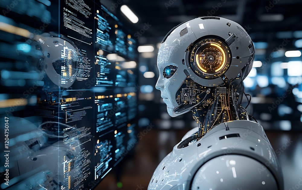 Aufkleber Advanced humanoid robot analyzing data on a large screen.