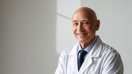 A warm and friendly doctor in a white coat with a reassuring smile.