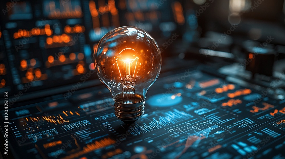Aufkleber Glowing lightbulb on digital dashboard displaying data.