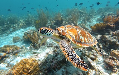 Fototapeta premium Underwater sea turtle swimming near coral reef.