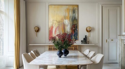 A large, ornate dining table is surrounded by chairs