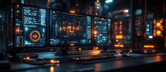 Futuristic tech setup with triple monitors displaying data streams in a dark room.