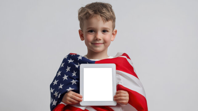 A mockup of the tablet in the hands of a small American. An invitation to an American flag Day party. A little boy holds a tablet with a white screen in his hands. Presentation of the website