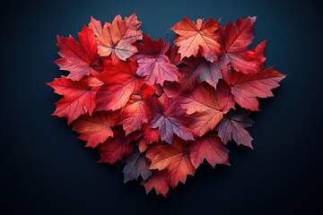 Autumn leaves arranged in a heart shape against a dark background.