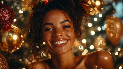 Happy woman smiling at Christmas tree.