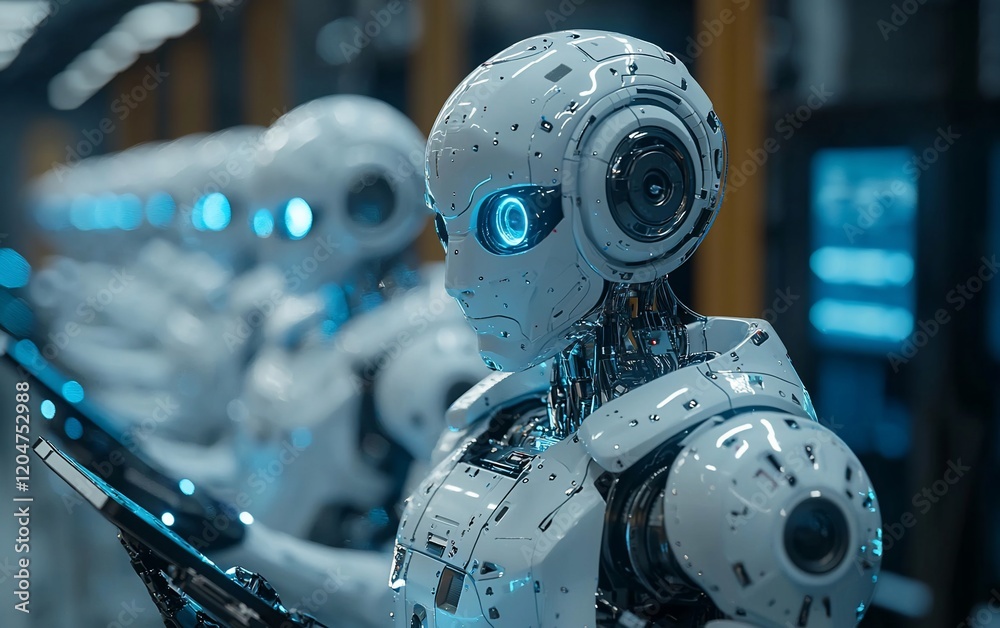 Poster Futuristic robots working in a factory.