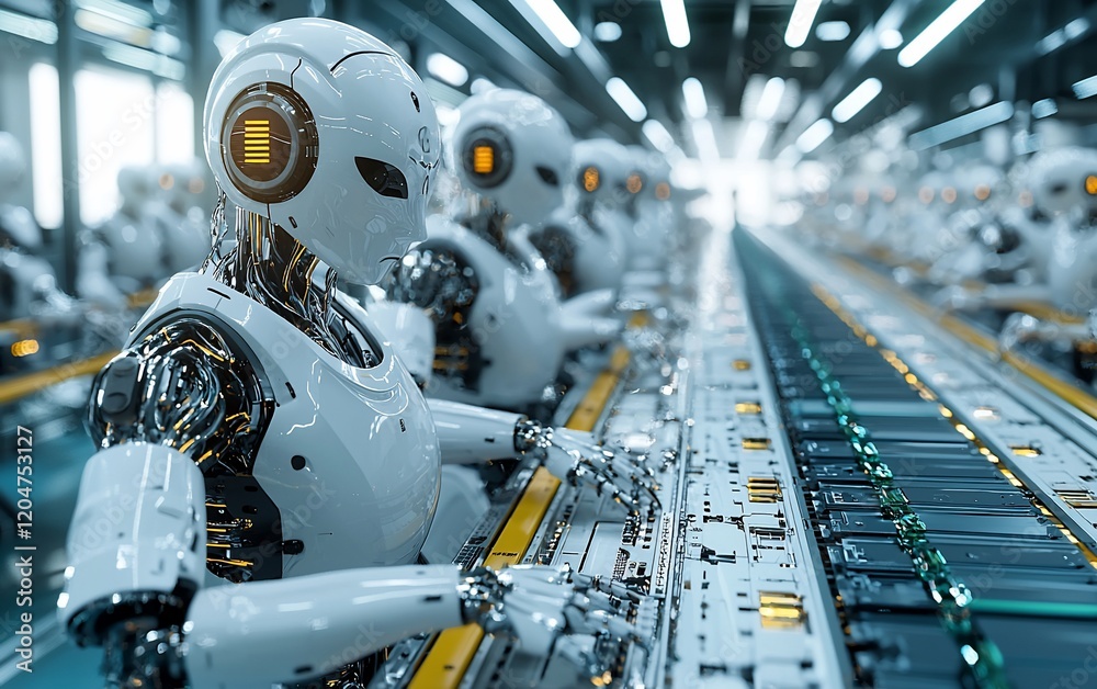 Fototapete futuristic robots working on assembly line.