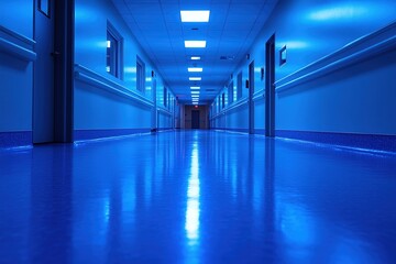 Obraz premium Long, empty corridor with blue walls and floor, lit by overhead lights. Clean, modern, and somewhat sterile atmosphere.
