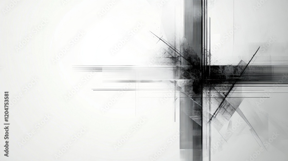 Fototapete abstract black and white artwork featuring geometric shapes and sharp lines on a light background. g