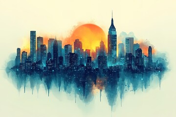 Obraz premium Cityscape at sunset, reflected in water, artistic watercolor style.
