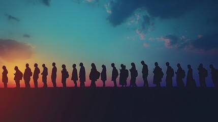 Naklejka premium Silhouetted figures stand in a line against a sunset sky