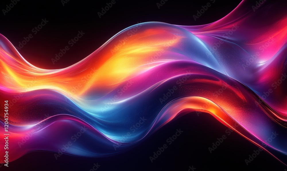 Poster iridescent abstract artwork with colorful curves and glossy surfaces