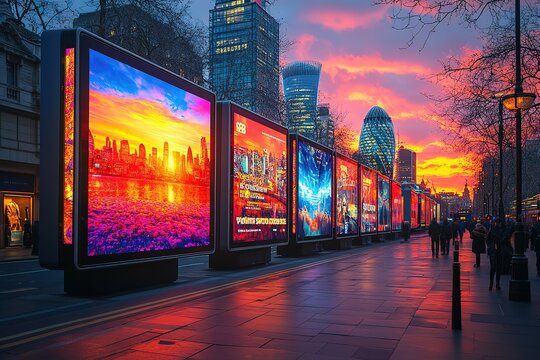 Fototapeta Cityscape at sunset, illuminated billboards lining a city street.