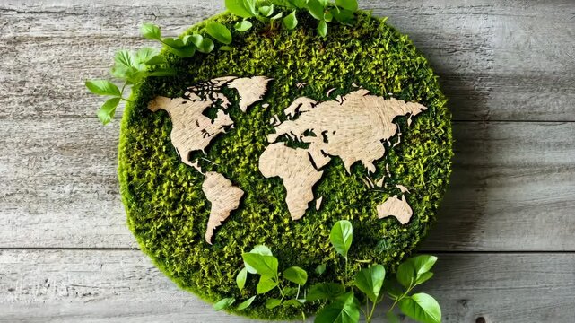 Moss and wood world map decoration on a rustic wooden background