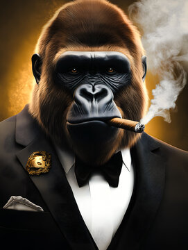 Portrait d'un gorille en costume avec cravate et fumant le cigare