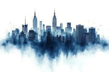 Watercolor cityscape skyline, majestic skyscrapers in a dreamy blue hue. Perfect for urban, modern, or travel themes.