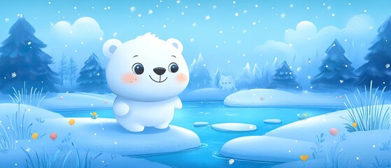 Adorable Polar Bear Cub Winter Wonderland Scene