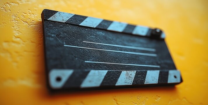 Clapperboard in Minimalist Style on Yellow Background, Filmmaking Equipment, Motion Picture Production, Video Editing, Studio Setup, Action and Cinema Concept