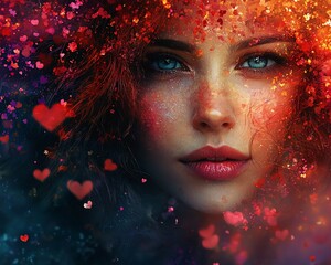 Woman with red hair and blue eyes surrounded by hearts.