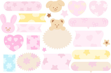 Pastel vector illustrations of teddy bear, bunny, puppy, heart pattern for cartoon characters, comic, text bubbles, pet shop, vet, zoo, souvenir shop, animal, text, message, chat, stickers, Valentine