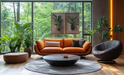 Cozy Modern Living Room Interior with Brown Leather Sofa and Black Armchair