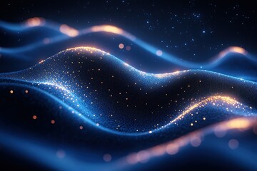 Glowing particles form abstract waves.  A digital art piece with blue and orange hues creating a dynamic, flowing effect.