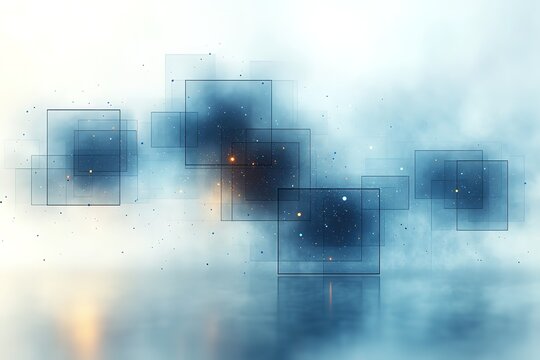 Abstract digital art featuring translucent squares and a misty background.  Perfect for tech or futuristic themes.