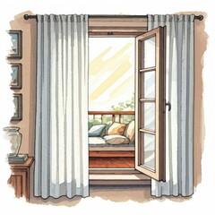 Fototapeta premium Open Window with Sheer Curtains Overlooking a Sunny Balcony View