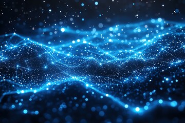 Obraz premium Abstract blue digital wave with glowing particles and interconnected nodes. Perfect for technology, data, or network concepts.