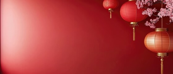 Red Lanterns and Cherry Blossoms Against Red Background