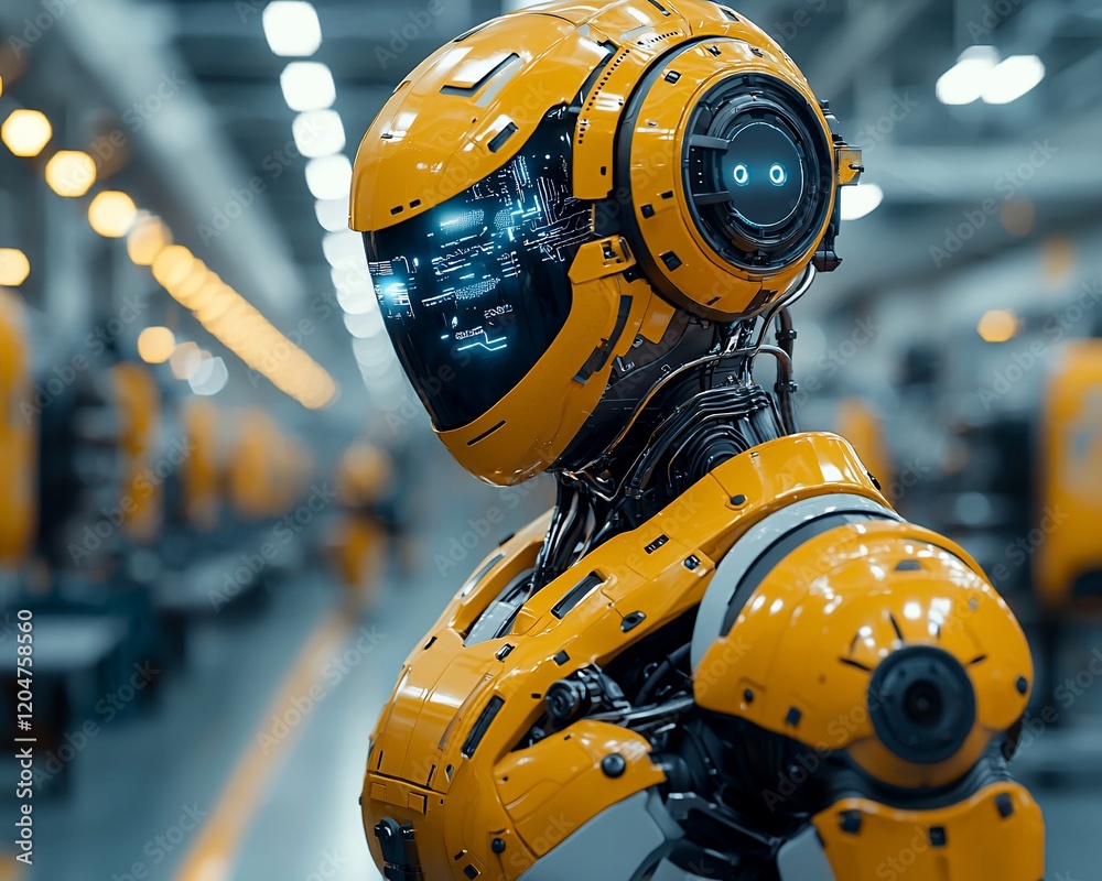 Poster yellow robot in factory.
