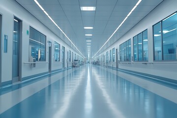 Long, bright hospital corridor with clean, modern design.  Sterile and spacious.