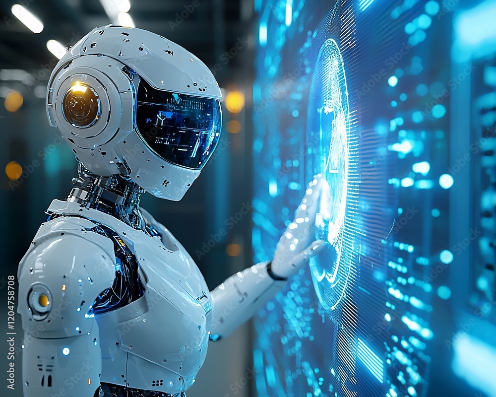 Poster Futuristic robot interacting with holographic display.