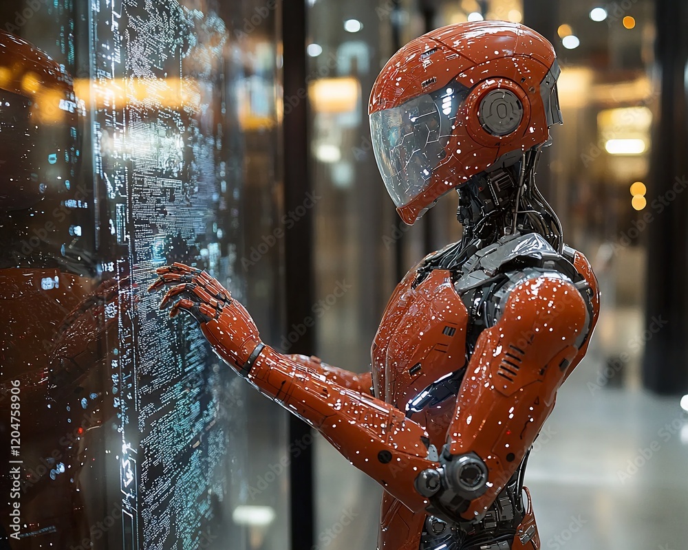 Poster Orange robot interacting with a digital interface.