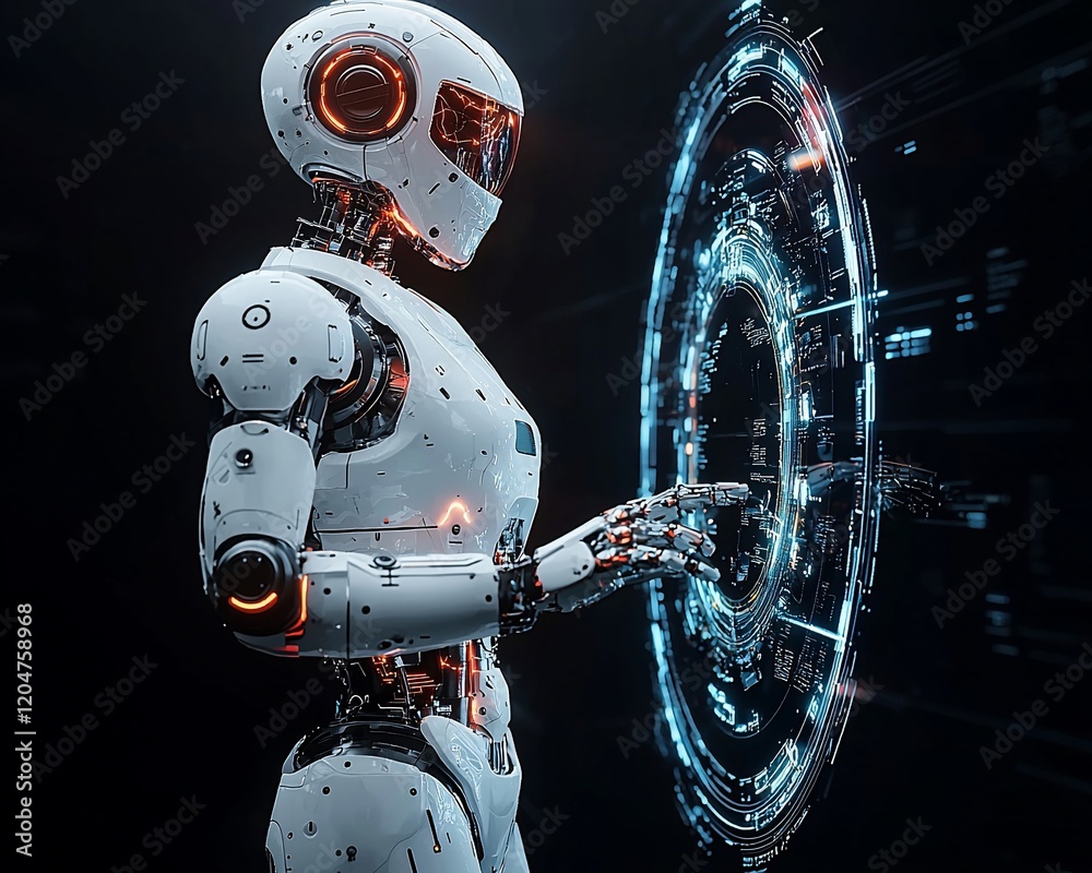Poster Futuristic robot interacting with a holographic interface.
