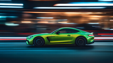 Lime Green Sports Coupe in City Night Motion