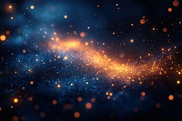 Glowing particles and bokeh lights create a magical, abstract scene. Perfect for backgrounds or festive designs.