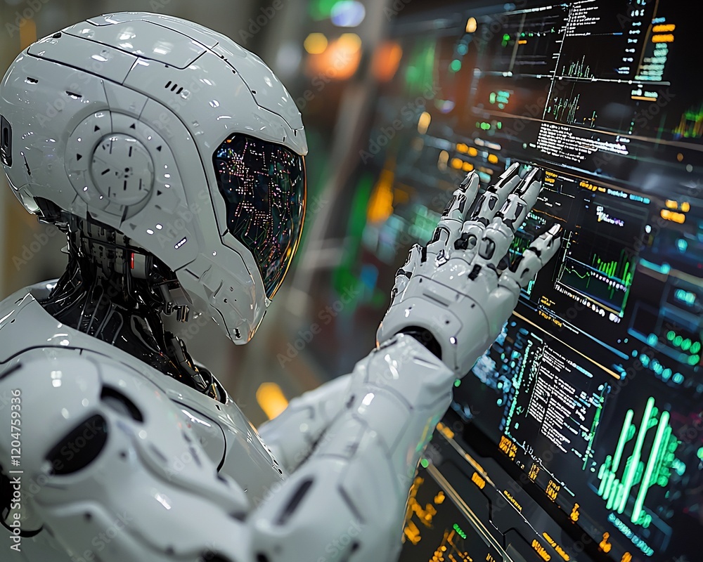 Poster Futuristic robot interacting with a large digital interface.