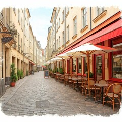 Fototapeta premium Charming Outdoor Café on Cobblestone Street in European City