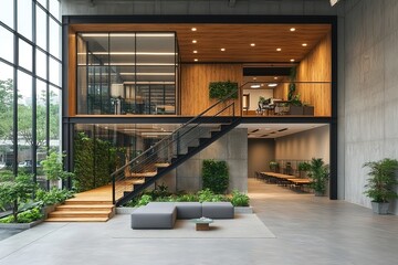 Modern office interior with a two-story design, featuring glass walls, wooden accents, and indoor plants. A sleek staircase connects the floors, creating a bright and airy atmosphere.