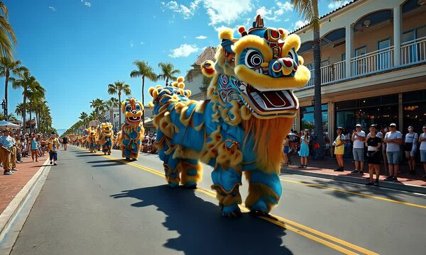 Vibrant lion dancers parade down a sunny street, lined with spectators and palm trees.