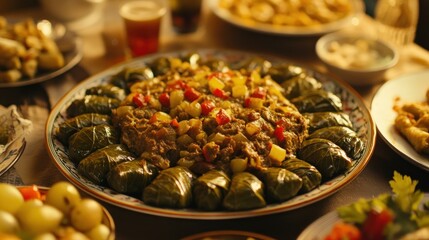 An elegant table setting with a variety of dishes, featuring stuffed grape leaves and other delightful food