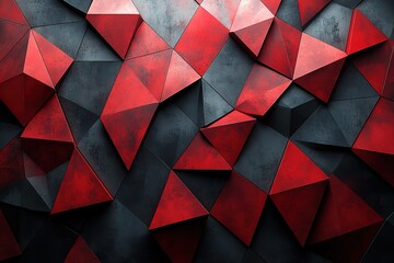 Abstract geometric background with red and dark gray triangular shapes.  A textured, 3D polygonal pattern.