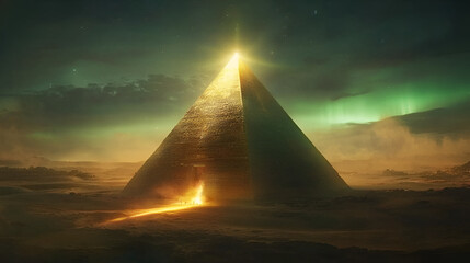 Glowing pyramid desert aurora night mystery