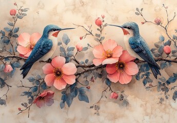 watercolor flowers hummingbirds arrangement floral pink roses branches leaves decorative nature garden spring summer collection