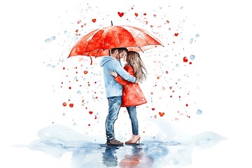 Valentine day love celebration romantic couple watercolor style urban rainy scene